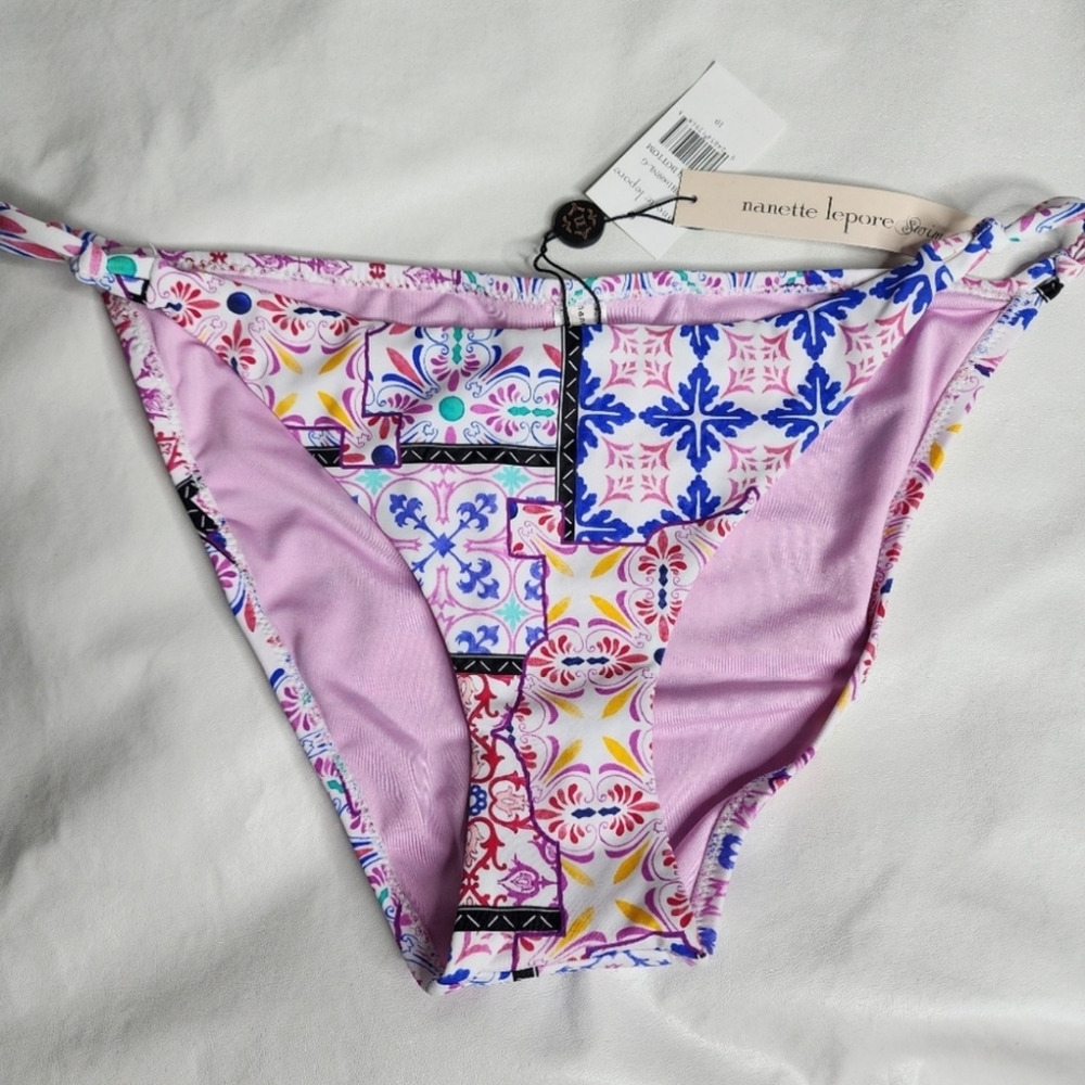 Nanette Lepore Swim Bikini Bottom Floral Print Lavender Blue Size 10 NWT